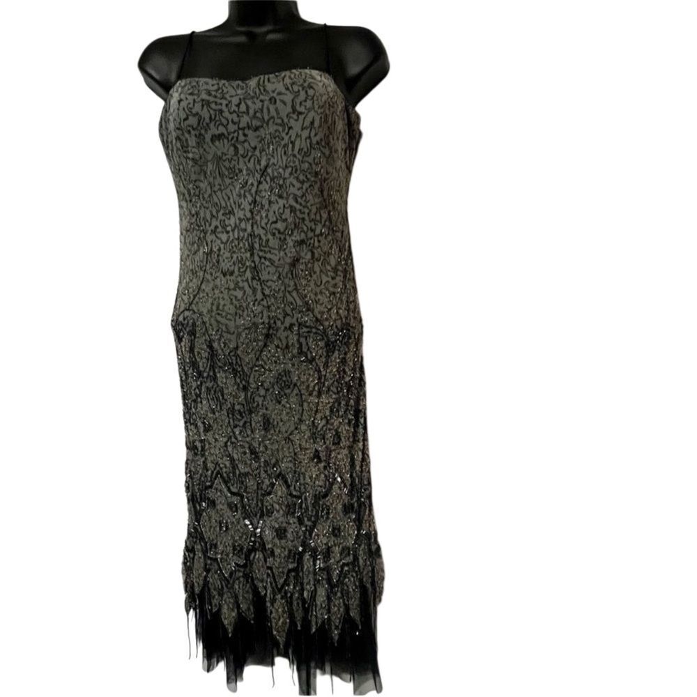 Vtg 90s Y2K Silk Slip Dress Christyne Forti Gray Black Gold Beaded Tulle 4 S